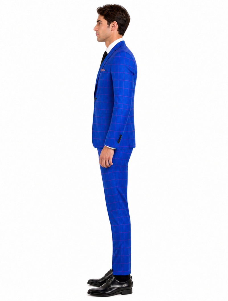 Mens Slim Fit Plaid Suit in Blue – Elegant 3 Piece Formal Set