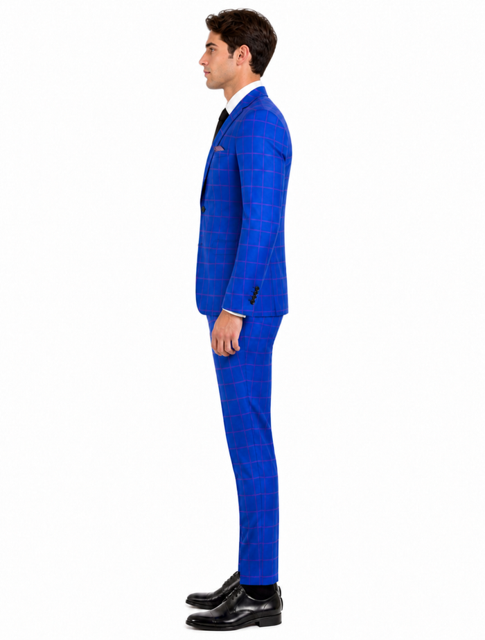 Mens Slim Fit Plaid Suit in Blue – Elegant 3 Piece Formal Set