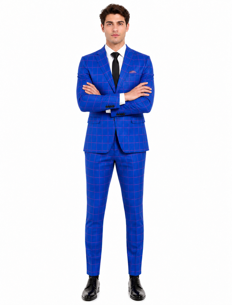 Mens Slim Fit Plaid Suit in Blue – Elegant 3 Piece Formal Set