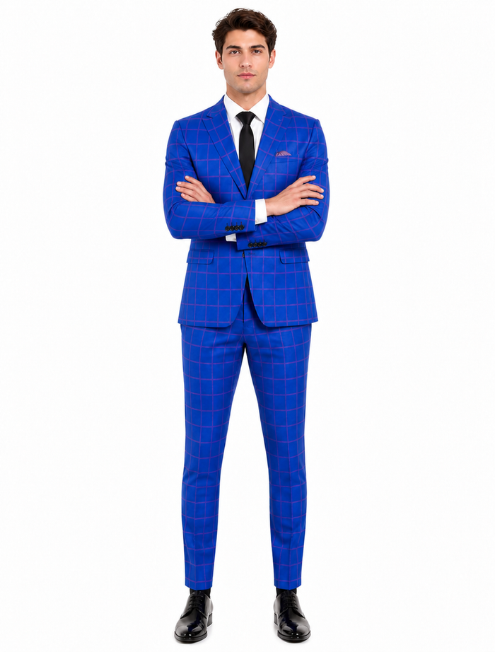 Mens Slim Fit Plaid Suit in Blue – Elegant 3 Piece Formal Set