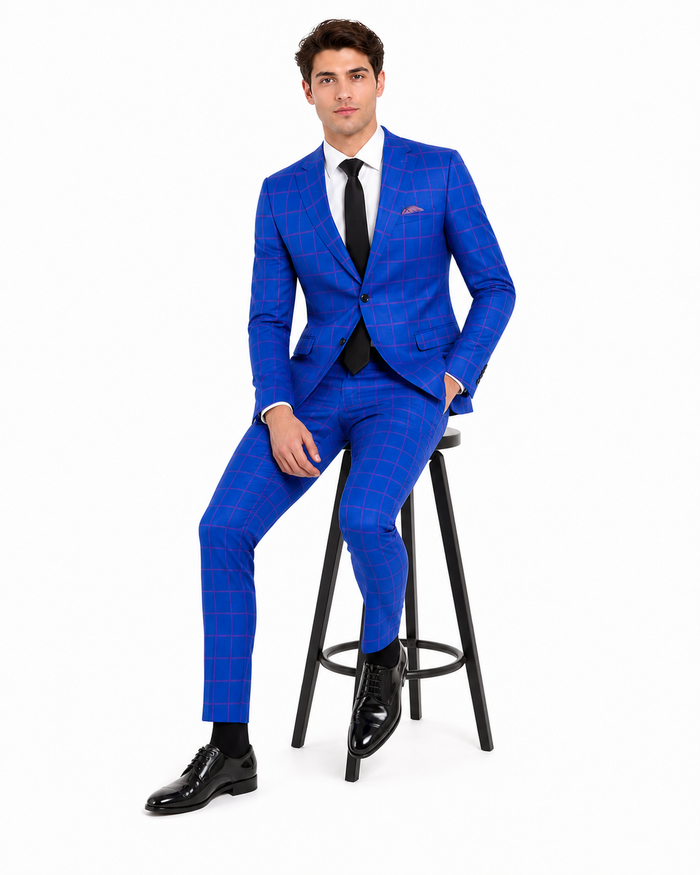 Mens Slim Fit Plaid Suit in Blue – Elegant 3 Piece Formal Set