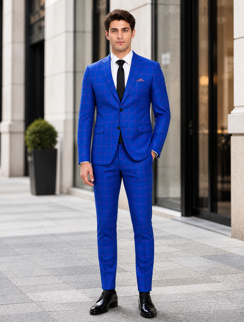 Mens Slim Fit Plaid Suit in Blue – Elegant 3 Piece Formal Set