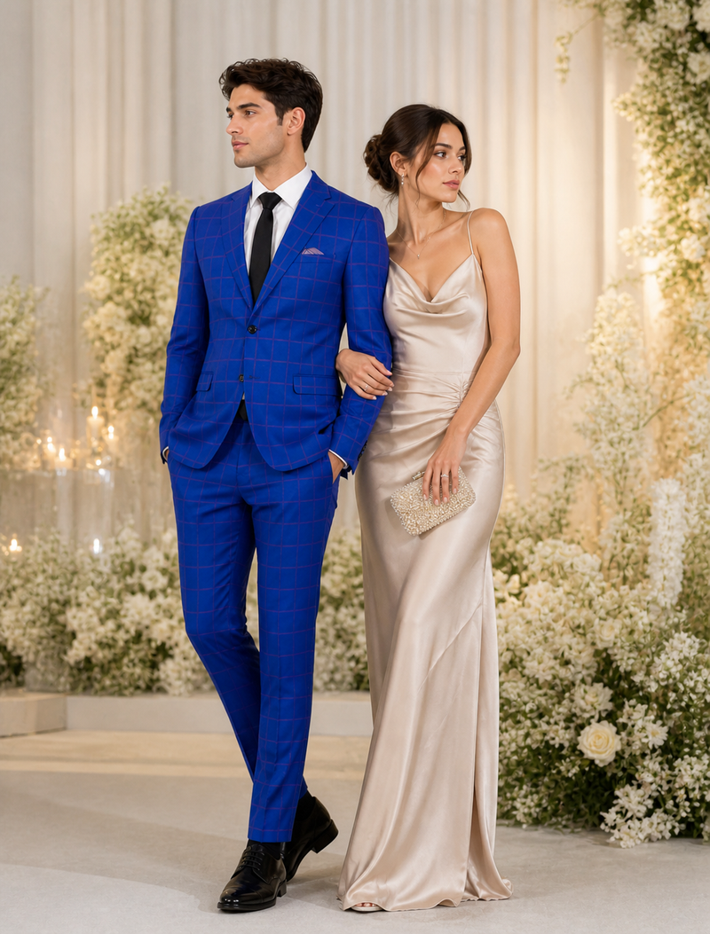 Mens Slim Fit Plaid Suit in Blue – Elegant 3 Piece Formal Set