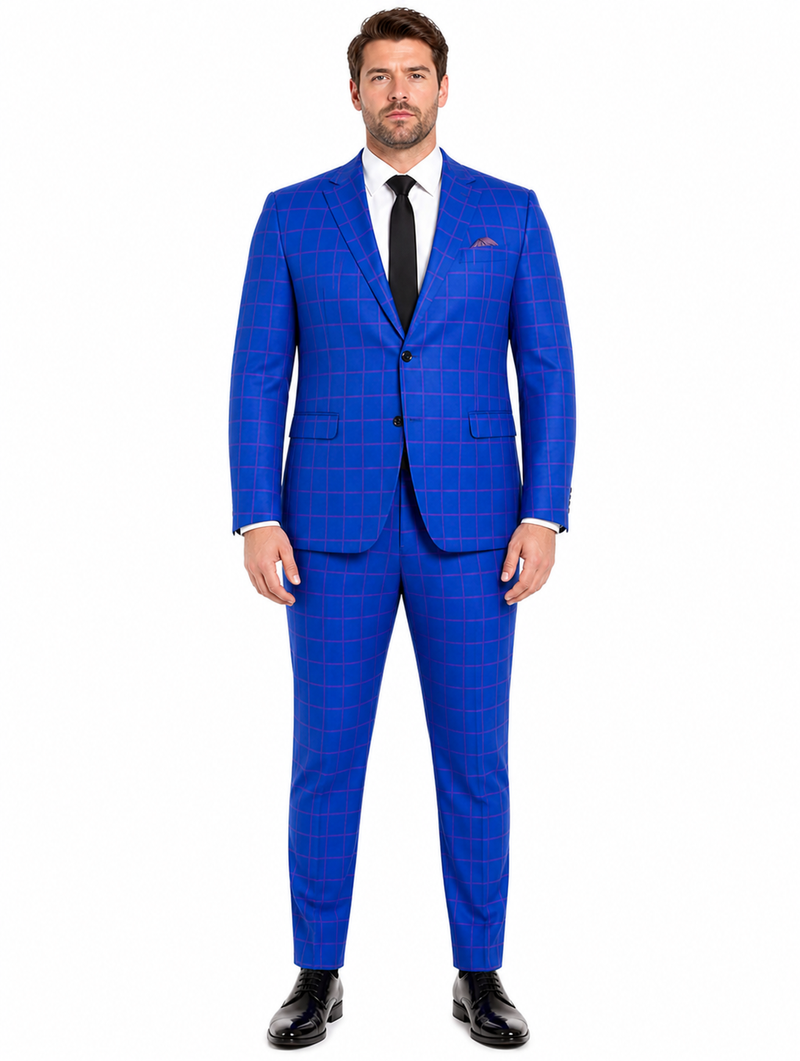 Mens Slim Fit Plaid Suit in Blue – Elegant 3 Piece Formal Set
