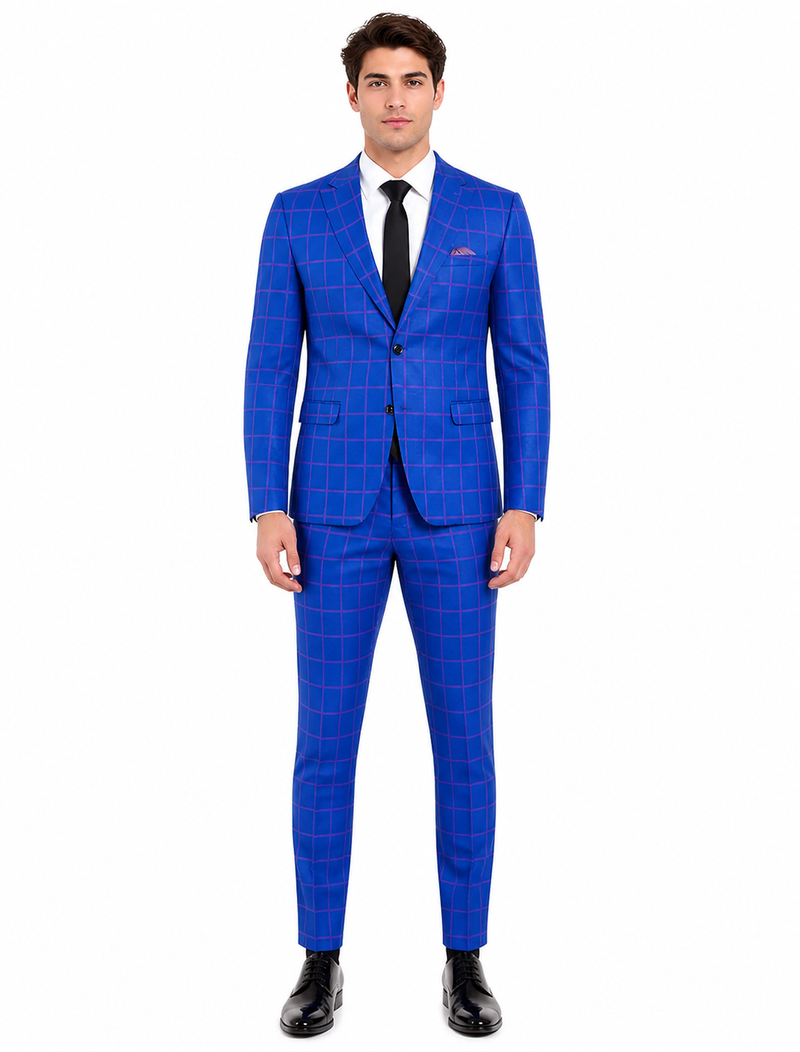 Mens Slim Fit Plaid Suit in Blue – Elegant 3 Piece Formal Set