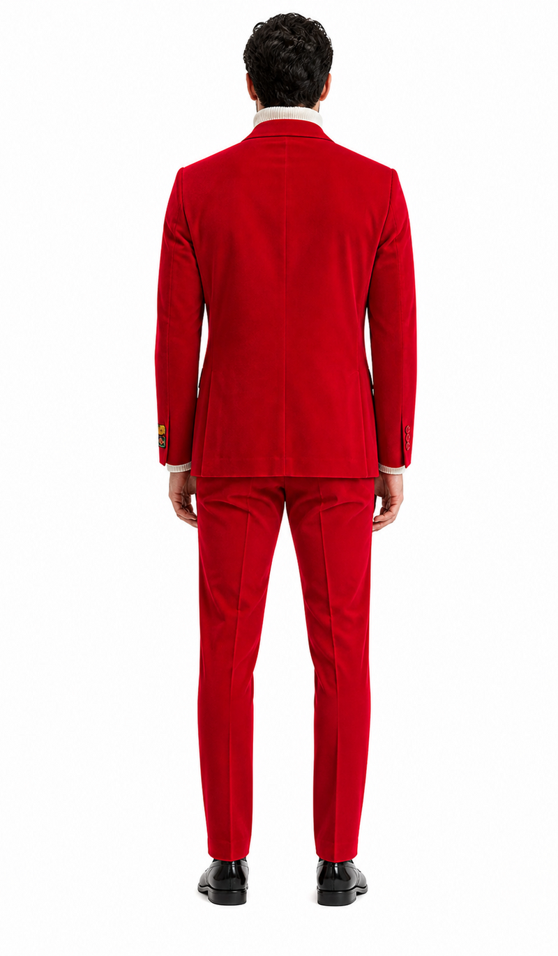 Mens Slim Fit Red Velvet Double Breasted Suit with Peak Lapel â€“ Formal Tuxedo Style