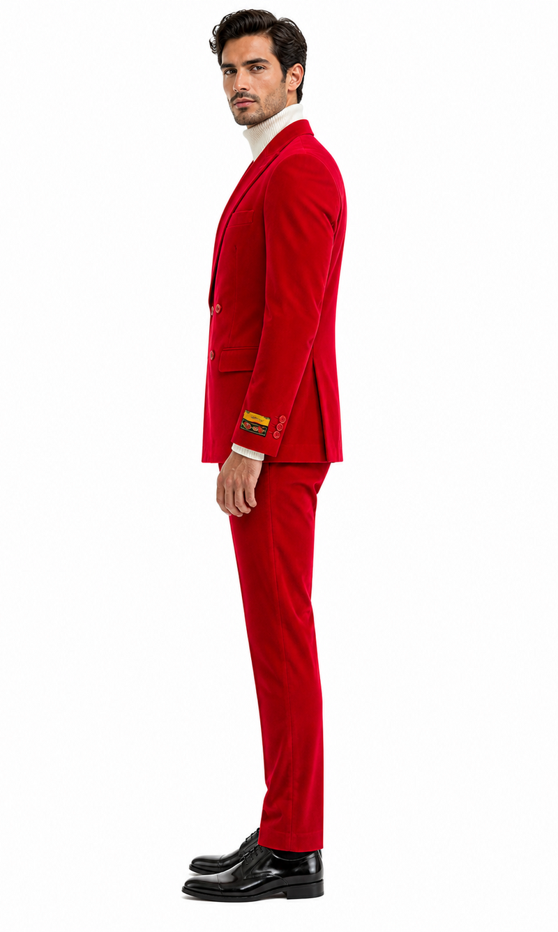 Mens Slim Fit Red Velvet Double Breasted Suit with Peak Lapel â€“ Formal Tuxedo Style