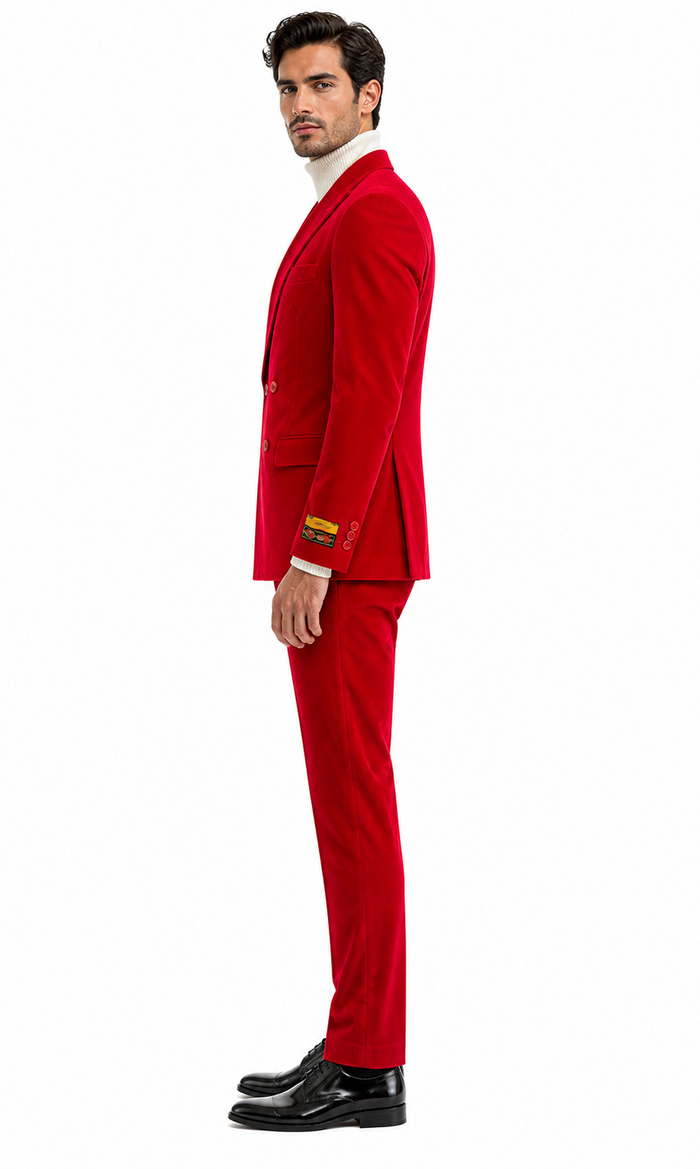 Mens Slim Fit Red Velvet Double Breasted Suit with Peak Lapel â€“ Formal Tuxedo Style