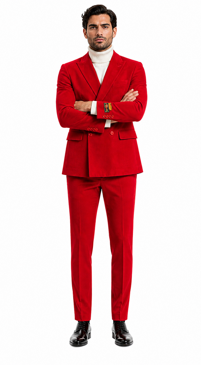 Mens Slim Fit Red Velvet Double Breasted Suit with Peak Lapel â€“ Formal Tuxedo Style