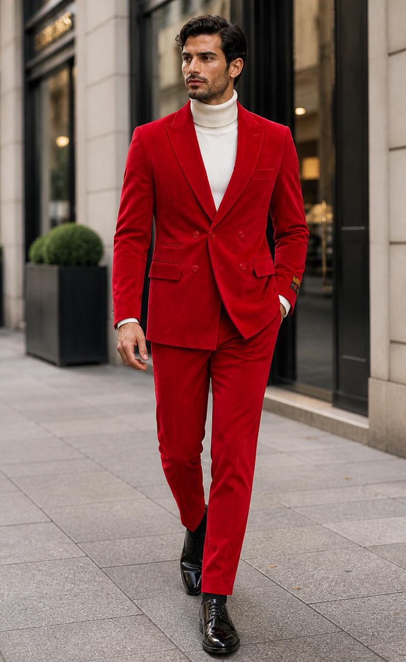 Mens Slim Fit Red Velvet Double Breasted Suit with Peak Lapel â€“ Formal Tuxedo Style