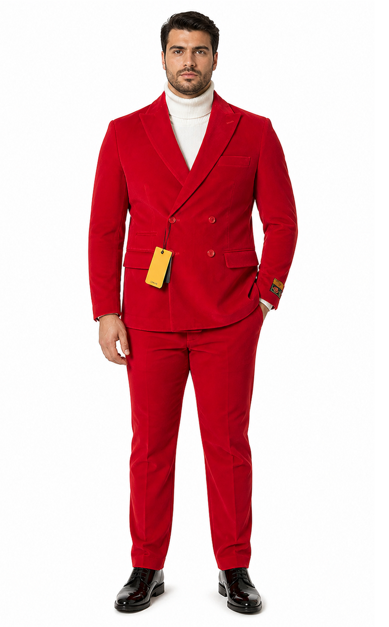 Mens Slim Fit Red Velvet Double Breasted Suit with Peak Lapel â€“ Formal Tuxedo Style