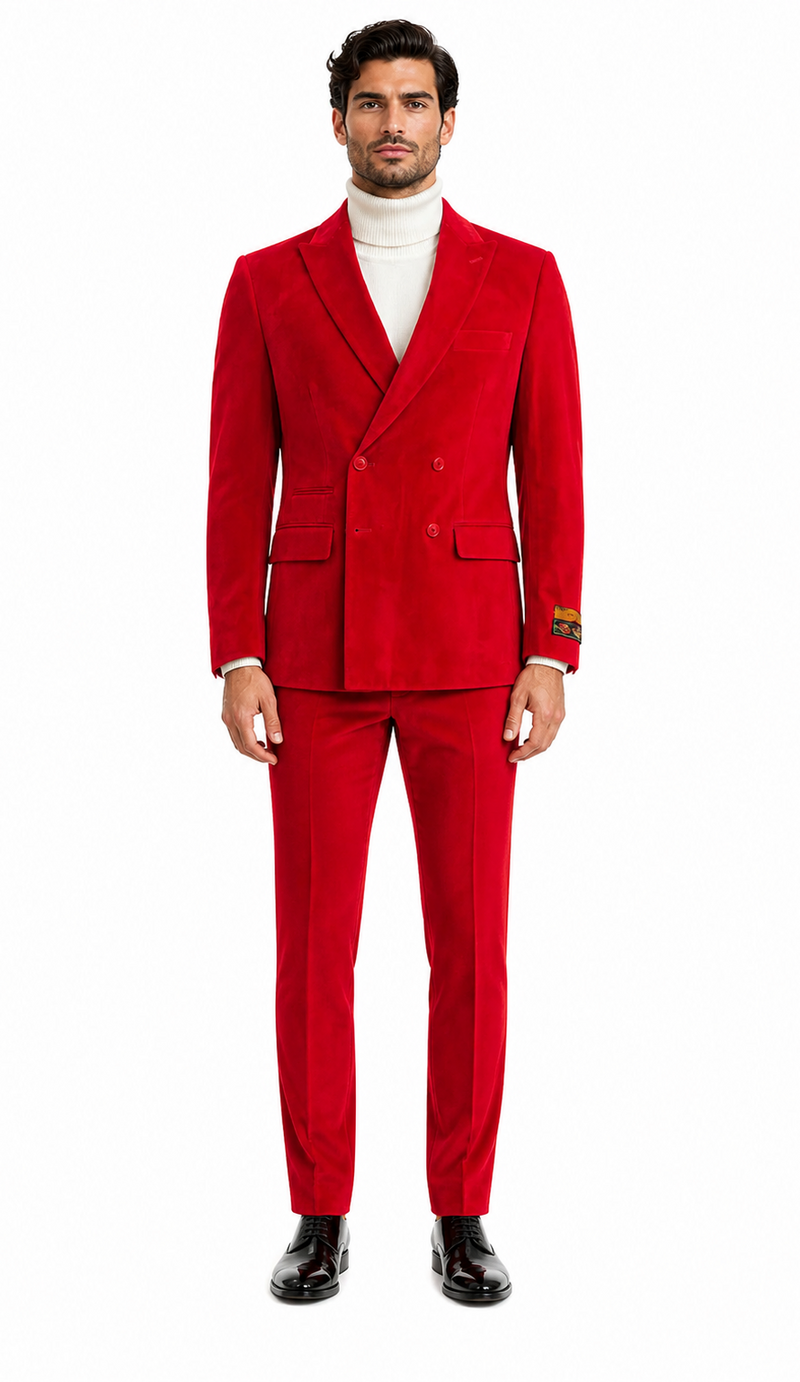 Mens Slim Fit Red Velvet Double Breasted Suit with Peak Lapel â€“ Formal Tuxedo Style