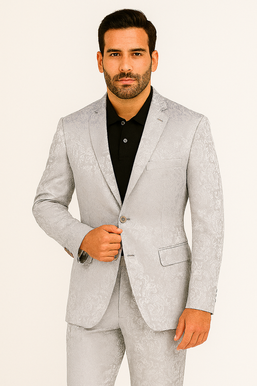 Mens Slim Fit Shiny Paisley Prom & Silver Grey Wedding Suit