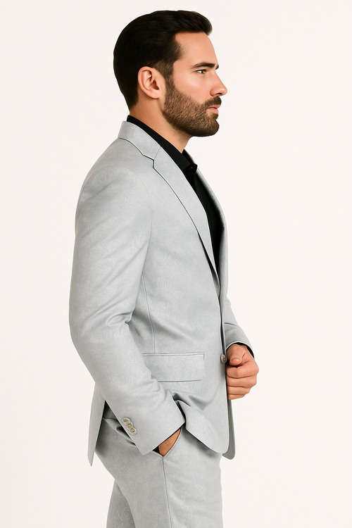 Mens Slim Fit Shiny Paisley Prom & Silver Grey Wedding Suit