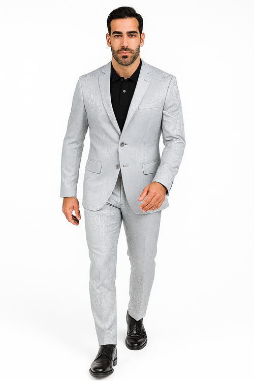 Mens Slim Fit Shiny Paisley Prom & Silver Grey Wedding Suit