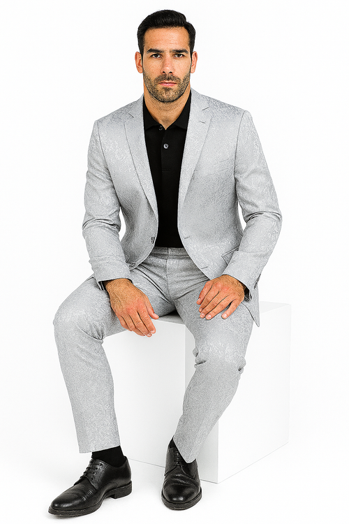 Mens Slim Fit Shiny Paisley Prom & Silver Grey Wedding Suit