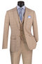 Marc Darcy slim fit wedding suit: beige glen plaid, vested waistcoat, woven fabric. Two-button jacket, side pockets, lined interior, decorative chain. Single vent. Matching tailored trousers.
