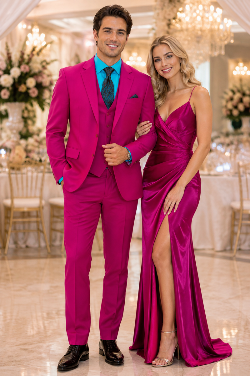 Mens Slim Fit Vested Suit - Slim Fit 3 Pieces Fuchsia Suit