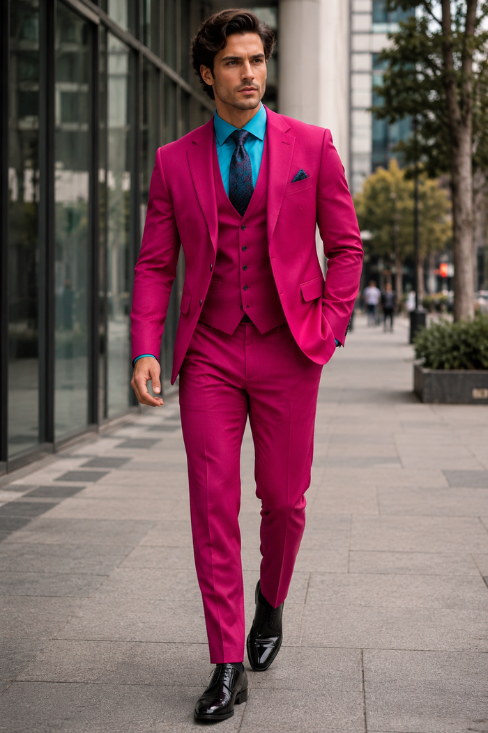Mens Slim Fit Vested Suit - Slim Fit 3 Pieces Fuchsia Suit