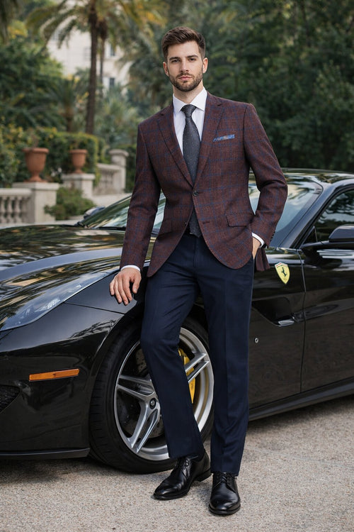 Sacos Para Hombre - Sacos Vaqueros Mens Slim Fit Two Button Wool Sport Coat Blazer in Burgundy & Blue Windowpane Plaid