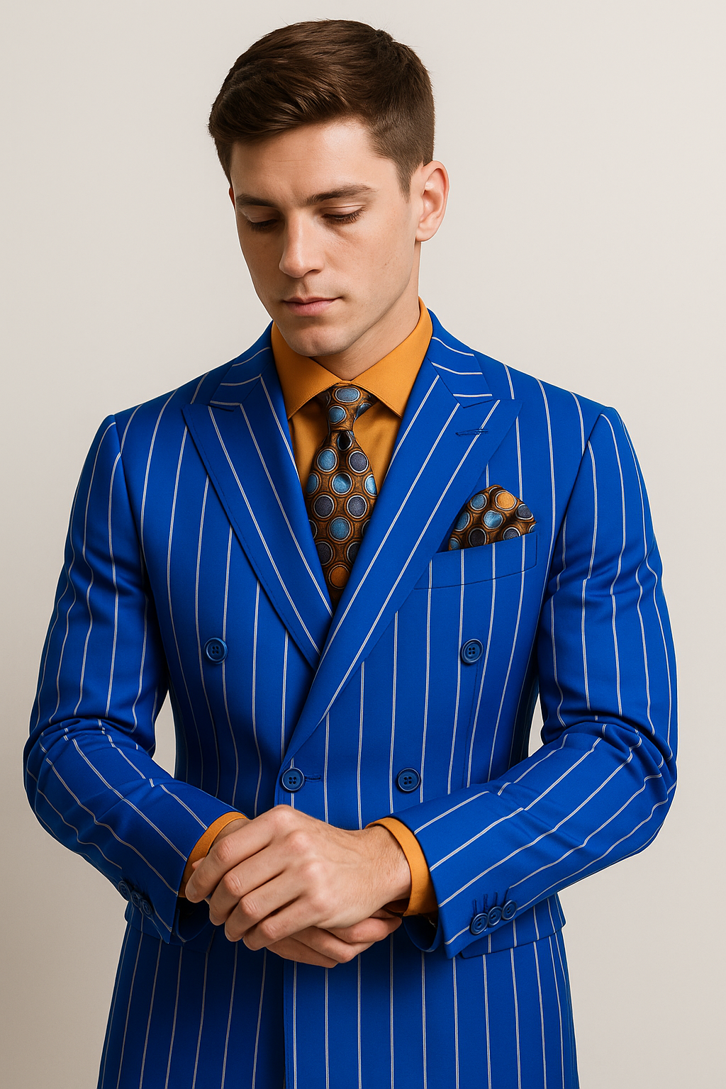 Mens Double Breasted Blazer Suit Jacket - Bold Pinstripe Sport Coat in Royal and White Pinstripe