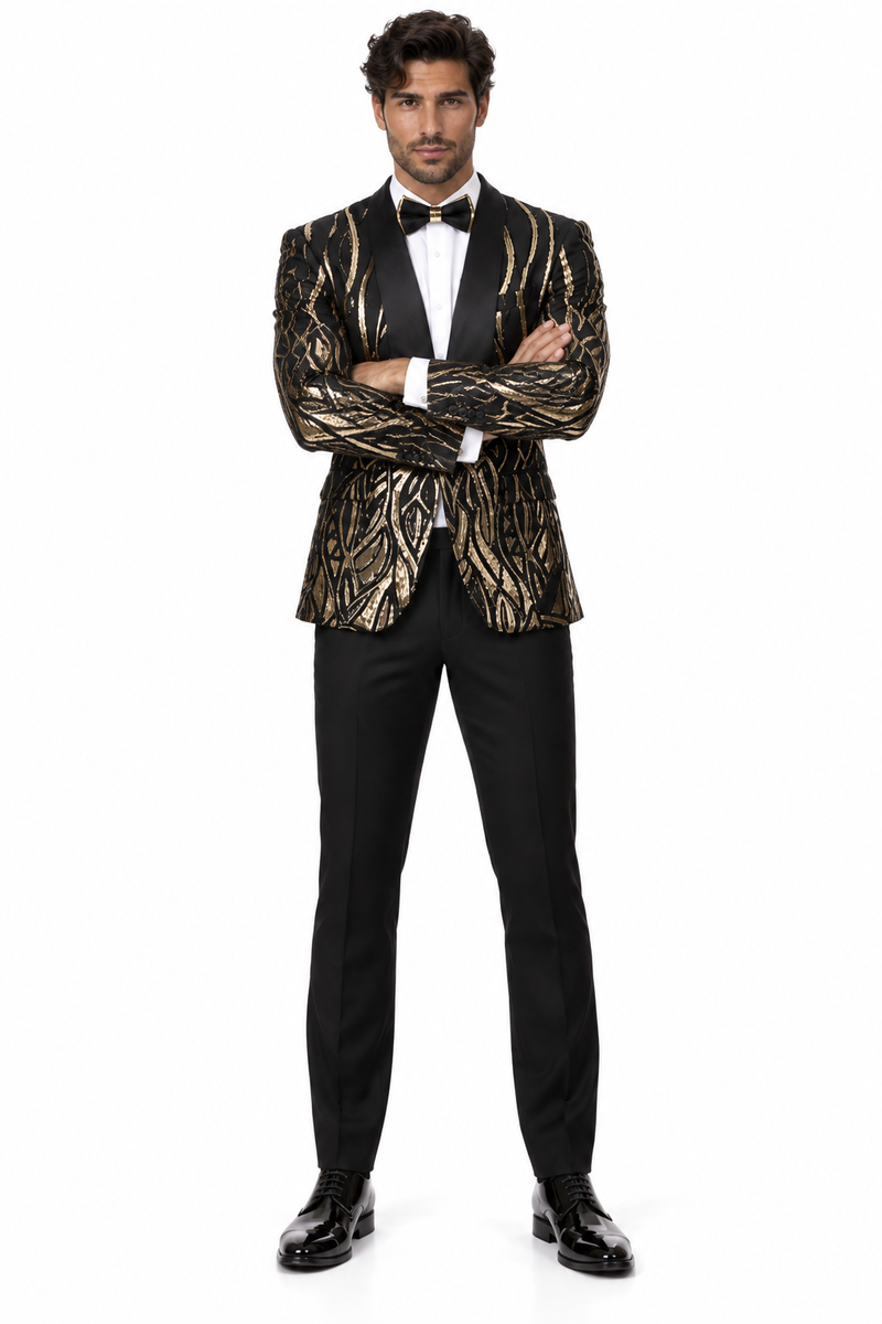 Men's EJ Samuel Shawl Lapel Black & Gold Sequin Formal Tuxedo Jacket