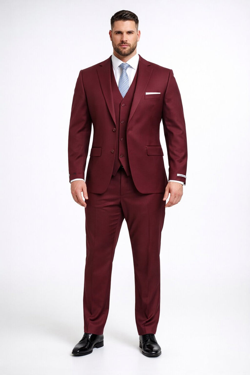 Mens Stacy Adams Suits - Designer Suit - 3 Piece Suit - Vested Suit - Flat Front Pant- Modern Fit Suits Burgundy Suit