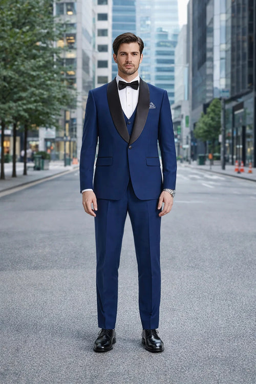 Men’s Stacy Adams Designer Suit – Vested One-Button Shawl Lapel in Indigo Blue