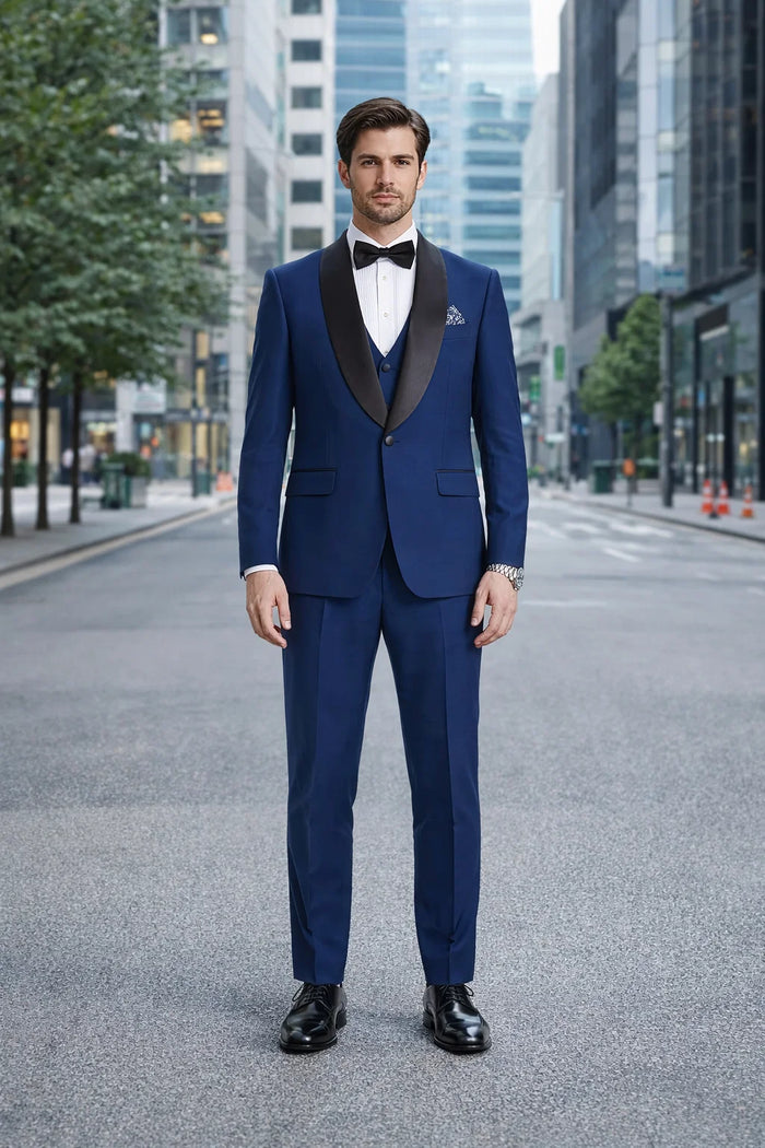 Men’s Stacy Adams Designer Suit – Vested One-Button Shawl Lapel in Indigo Blue