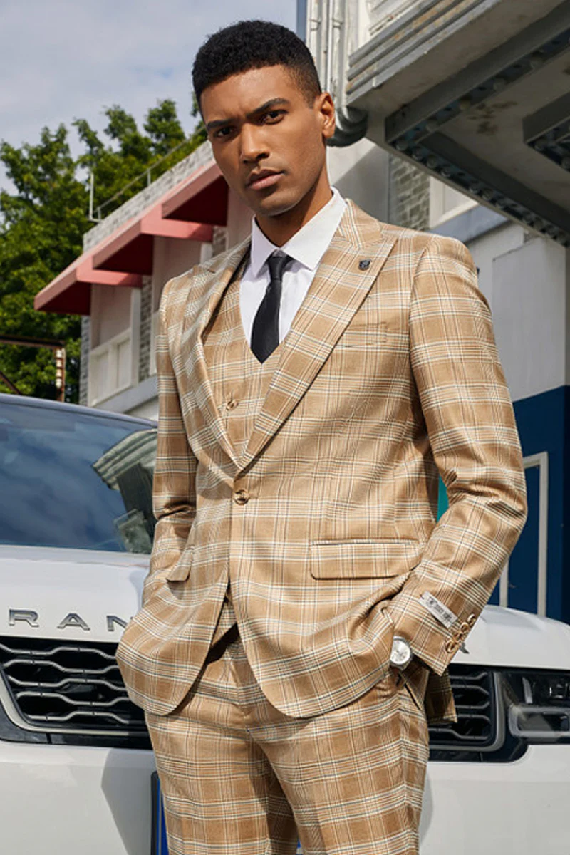 Marc Darcy beige wedding suit: one-button, peak lapel, vested jacket & pants. Brown/light blue check pattern. Smooth fabric, structured fit. Includes white shirt, black tie.
