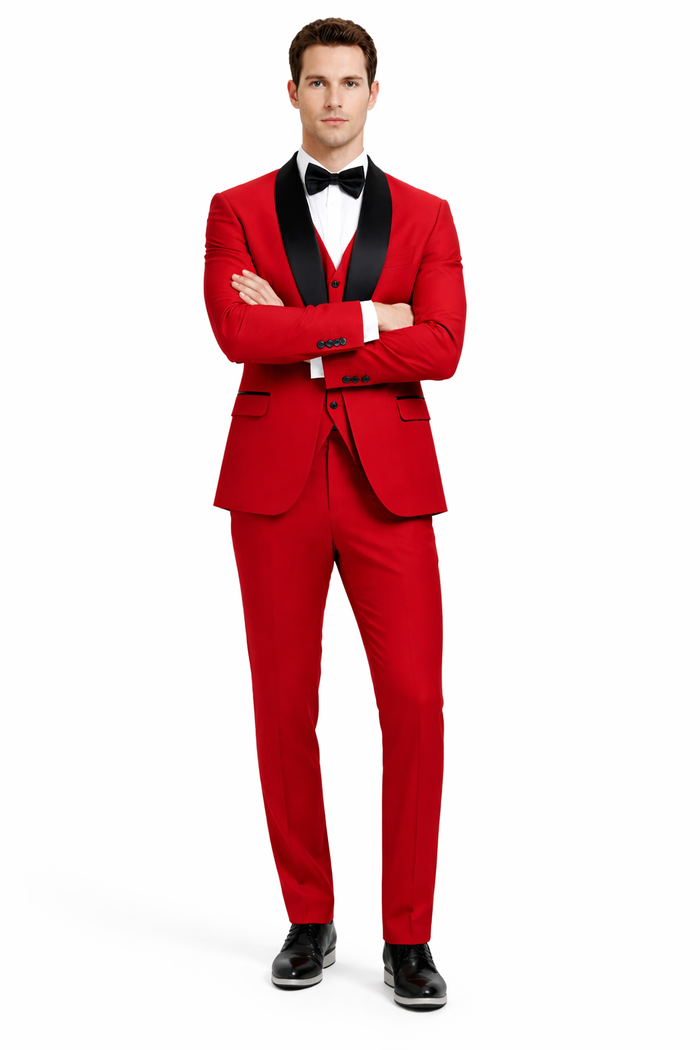Mens Stacy Adams Suit - Stacy Adams Suit Men's Designer Red Tuxedo with Vested One Button Shawl Lapel