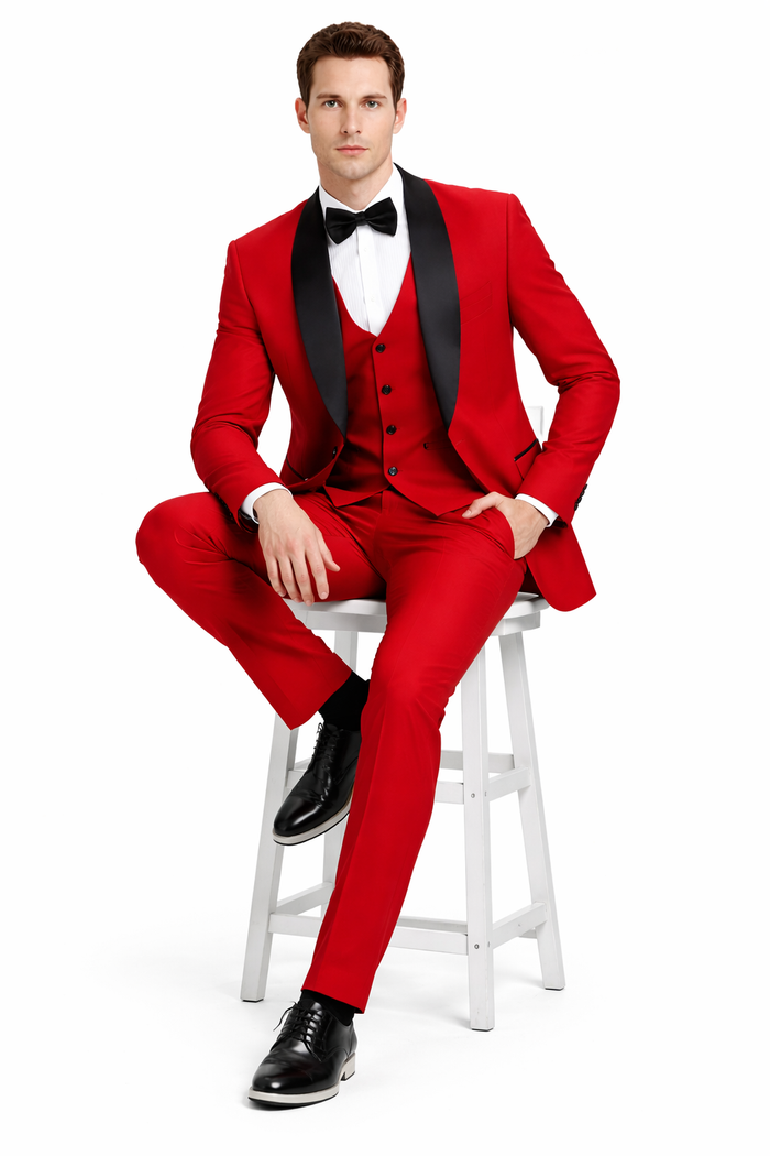 Mens Stacy Adams Suit - Stacy Adams Suit Men's Designer Red Tuxedo with Vested One Button Shawl Lapel