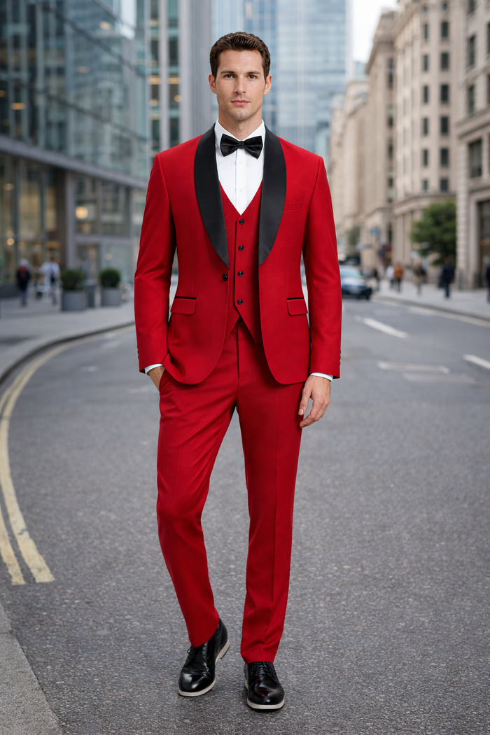 Mens Stacy Adams Suit - Stacy Adams Suit Men's Designer Red Tuxedo with Vested One Button Shawl Lapel