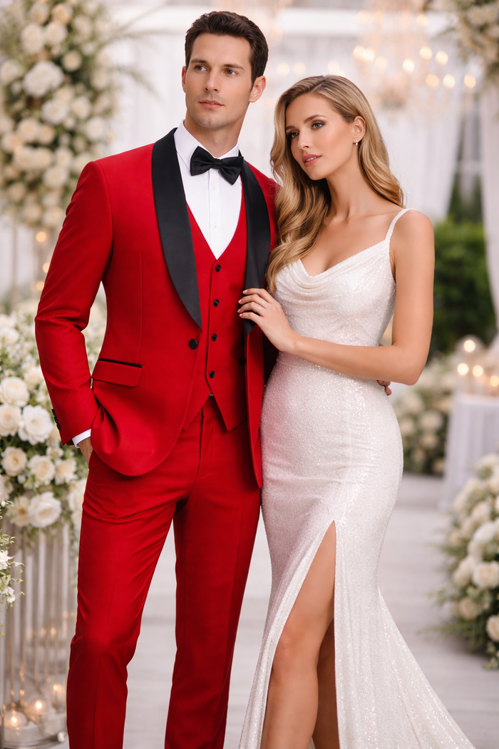 Mens Stacy Adams Suit - Stacy Adams Suit Men's Designer Red Tuxedo with Vested One Button Shawl Lapel