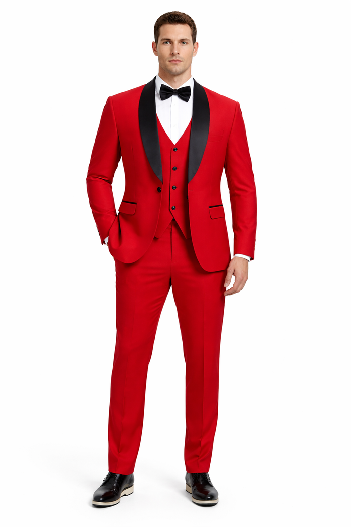 Mens Stacy Adams Suit - Stacy Adams Suit Men's Designer Red Tuxedo with Vested One Button Shawl Lapel