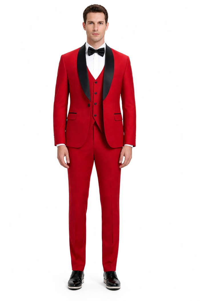 Mens Stacy Adams Suit - Stacy Adams Suit Men's Designer Red Tuxedo with Vested One Button Shawl Lapel