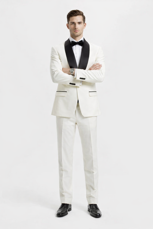 Mens Stacy Adams Suit - Stacy Adams Suit Men's Designer Tuxedo - Ivory, Vested One Button Shawl Lapel
