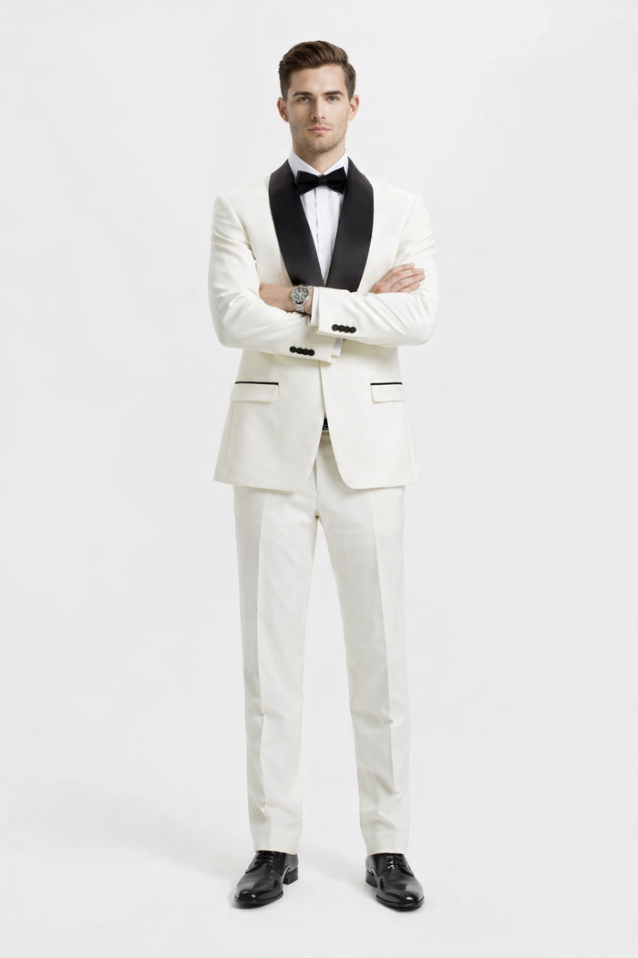 Mens Stacy Adams Suit - Stacy Adams Suit Men's Designer Tuxedo - Ivory, Vested One Button Shawl Lapel