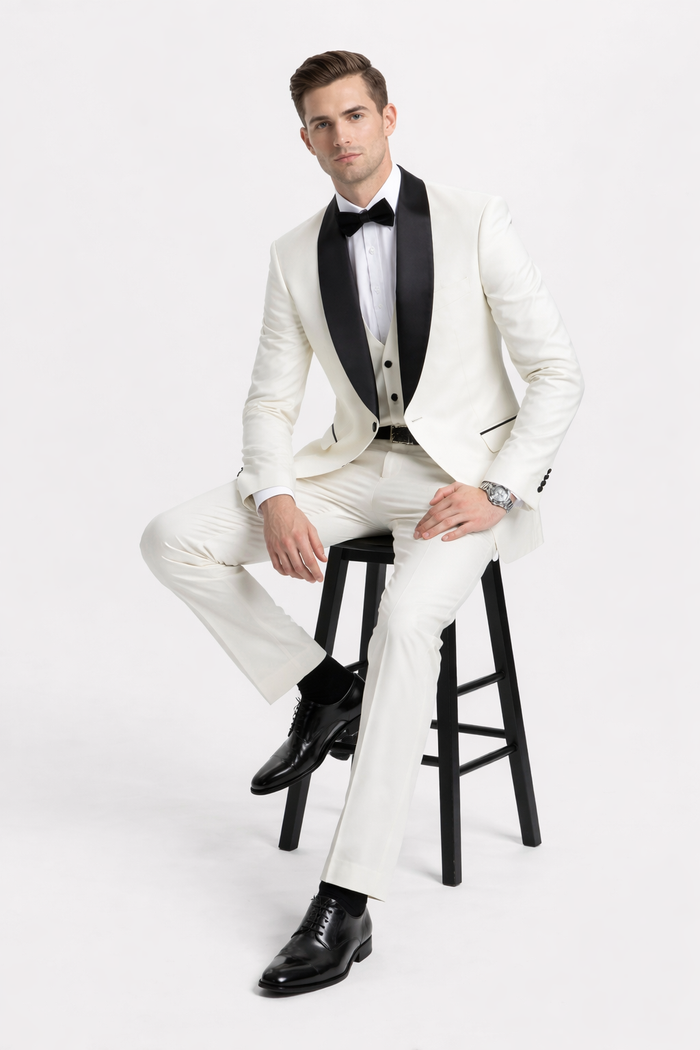Mens Stacy Adams Suit - Stacy Adams Suit Men's Designer Tuxedo - Ivory, Vested One Button Shawl Lapel
