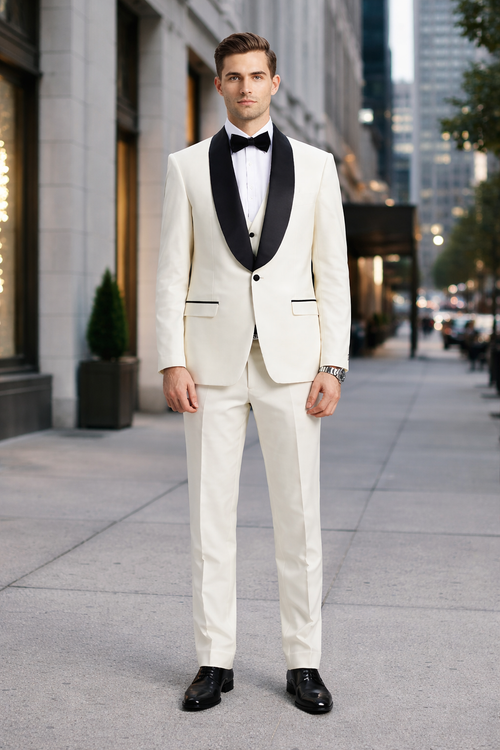 Mens Stacy Adams Suit - Stacy Adams Suit Men's Designer Tuxedo - Ivory, Vested One Button Shawl Lapel
