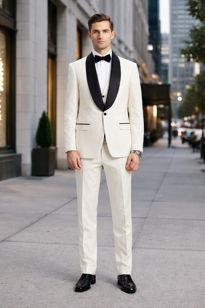 Mens Stacy Adams Suit - Stacy Adams Suit Men's Designer Tuxedo - Ivory, Vested One Button Shawl Lapel