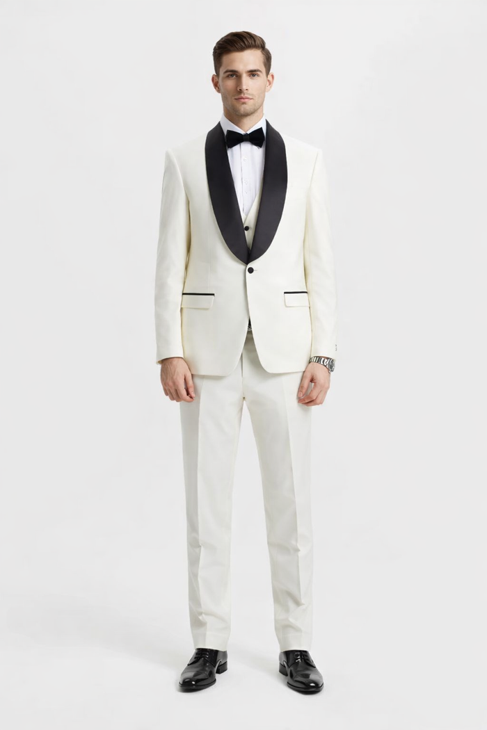 Mens Stacy Adams Suit - Stacy Adams Suit Men's Designer Tuxedo - Ivory, Vested One Button Shawl Lapel