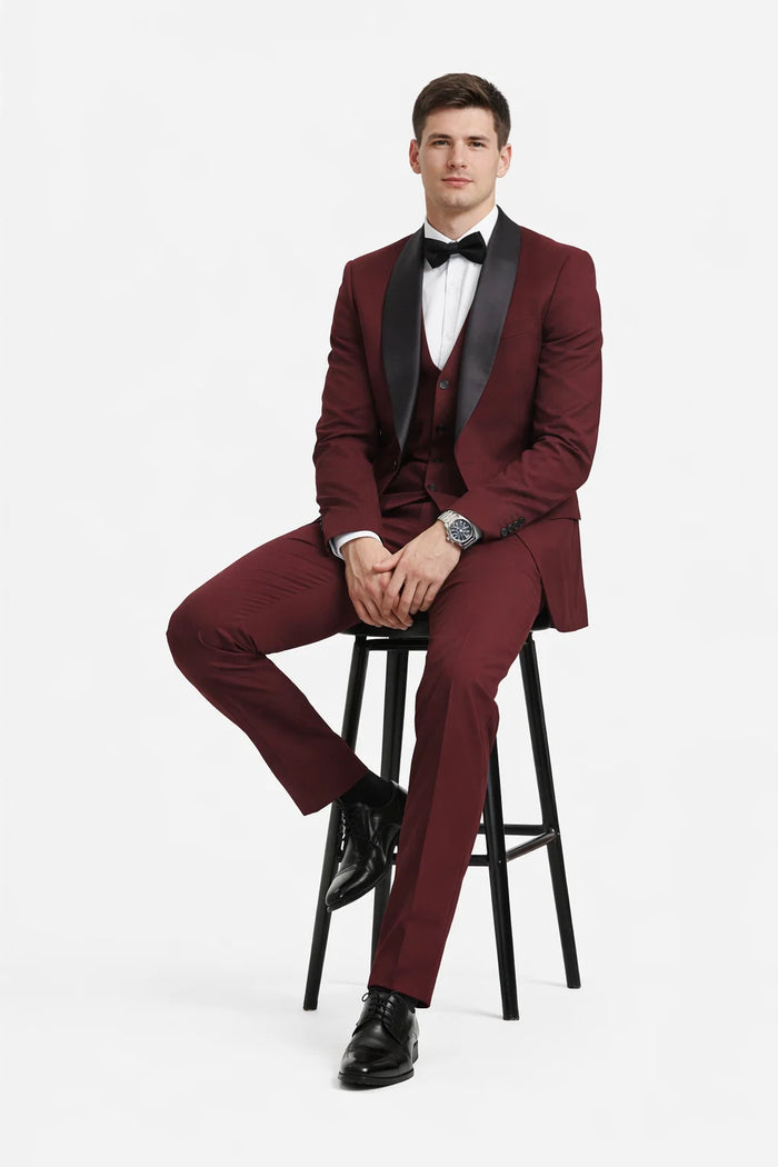 Mens Stacy Adams Suit - Stacy Adams Suit Men's Designer Tuxedo - Vested One Button Shawl Lapel in Burgundy
