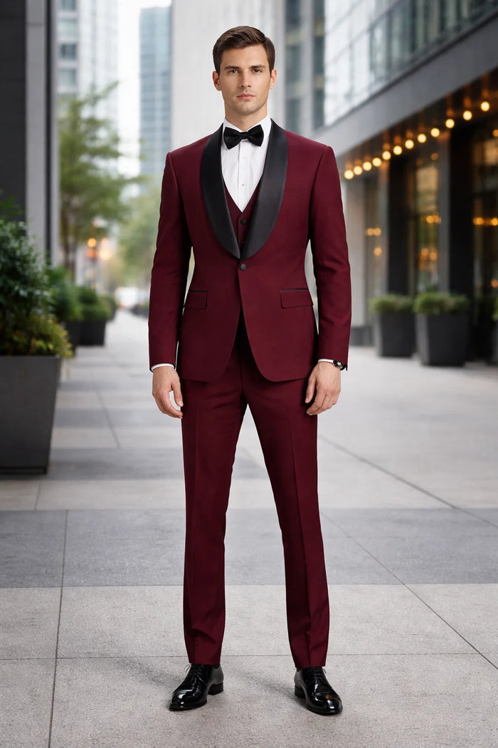 Mens Stacy Adams Suit - Stacy Adams Suit Men's Designer Tuxedo - Vested One Button Shawl Lapel in Burgundy