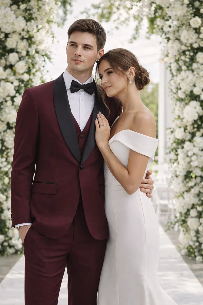 Mens Stacy Adams Suit - Stacy Adams Suit Men's Designer Tuxedo - Vested One Button Shawl Lapel in Burgundy