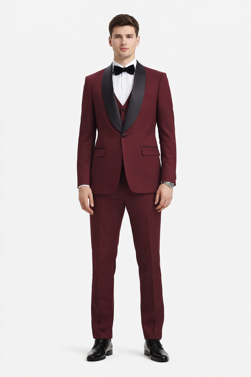 Mens Stacy Adams Suit - Stacy Adams Suit Men's Designer Tuxedo - Vested One Button Shawl Lapel in Burgundy