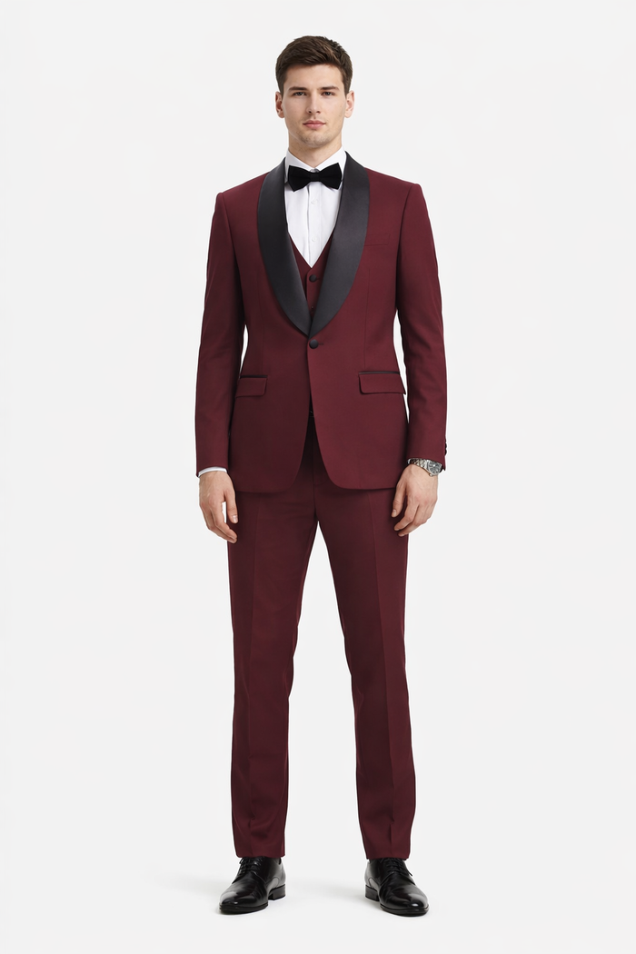 Mens Stacy Adams Suit - Stacy Adams Suit Men's Designer Tuxedo - Vested One Button Shawl Lapel in Burgundy