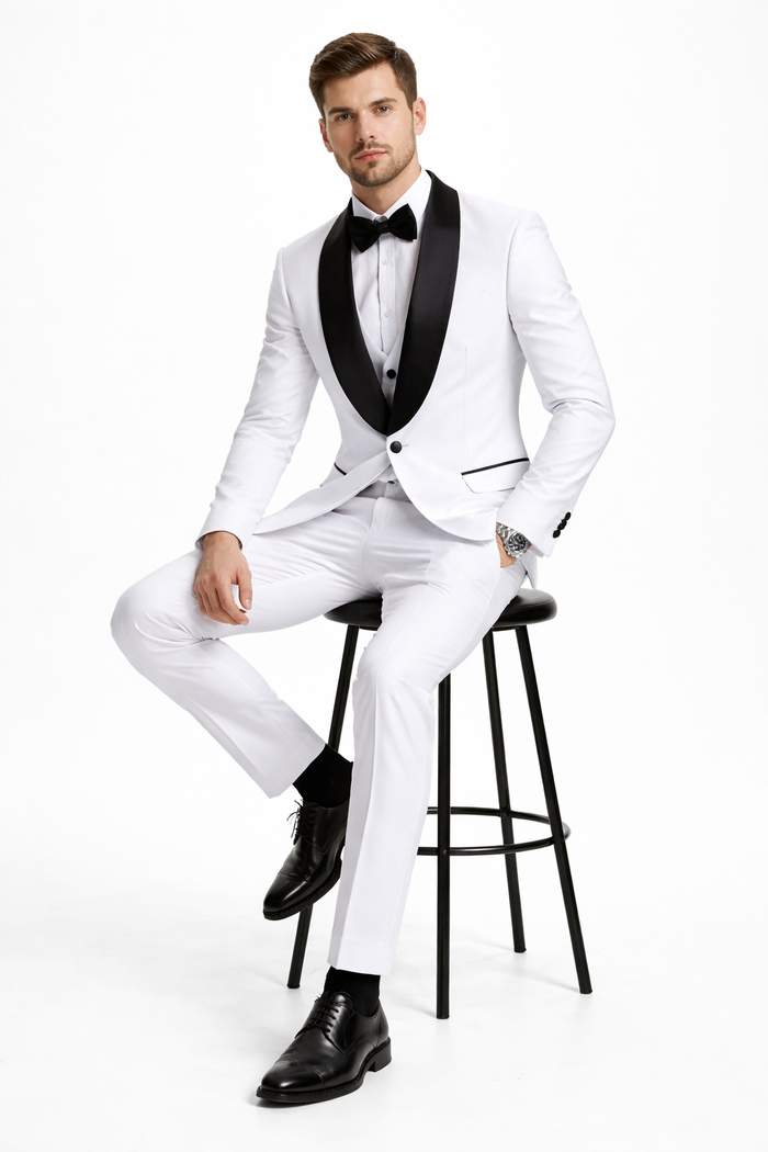 Mens Stacy Adams Suit - Stacy Adams Suit Men's Designer Tuxedo - Vested One Button Shawl Lapel in White