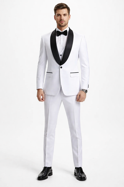 Mens Stacy Adams Suit - Stacy Adams Suit Men's Designer Tuxedo - Vested One Button Shawl Lapel in White