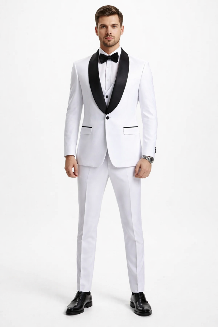 Mens Stacy Adams Suit - Stacy Adams Suit Men's Designer Tuxedo - Vested One Button Shawl Lapel in White